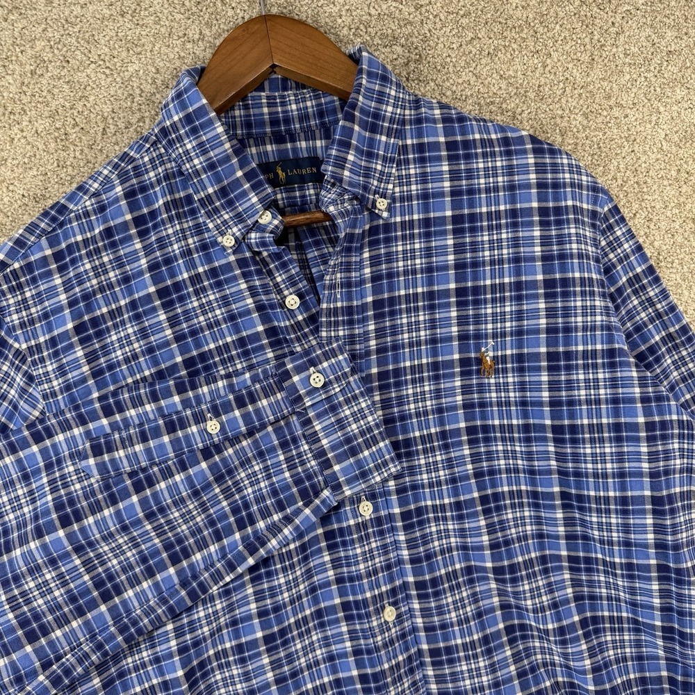 Ralph Lauren Button Down Shirt Flesh Pony Blue White Plaid L Business Casual